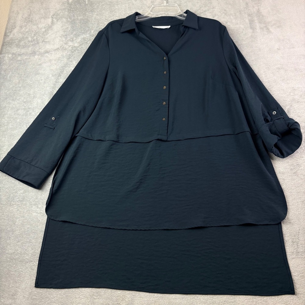 Adyson Parker 1X Navy Blue Tunic Top Layered Roll Tab Sleeve Career Lagenlook